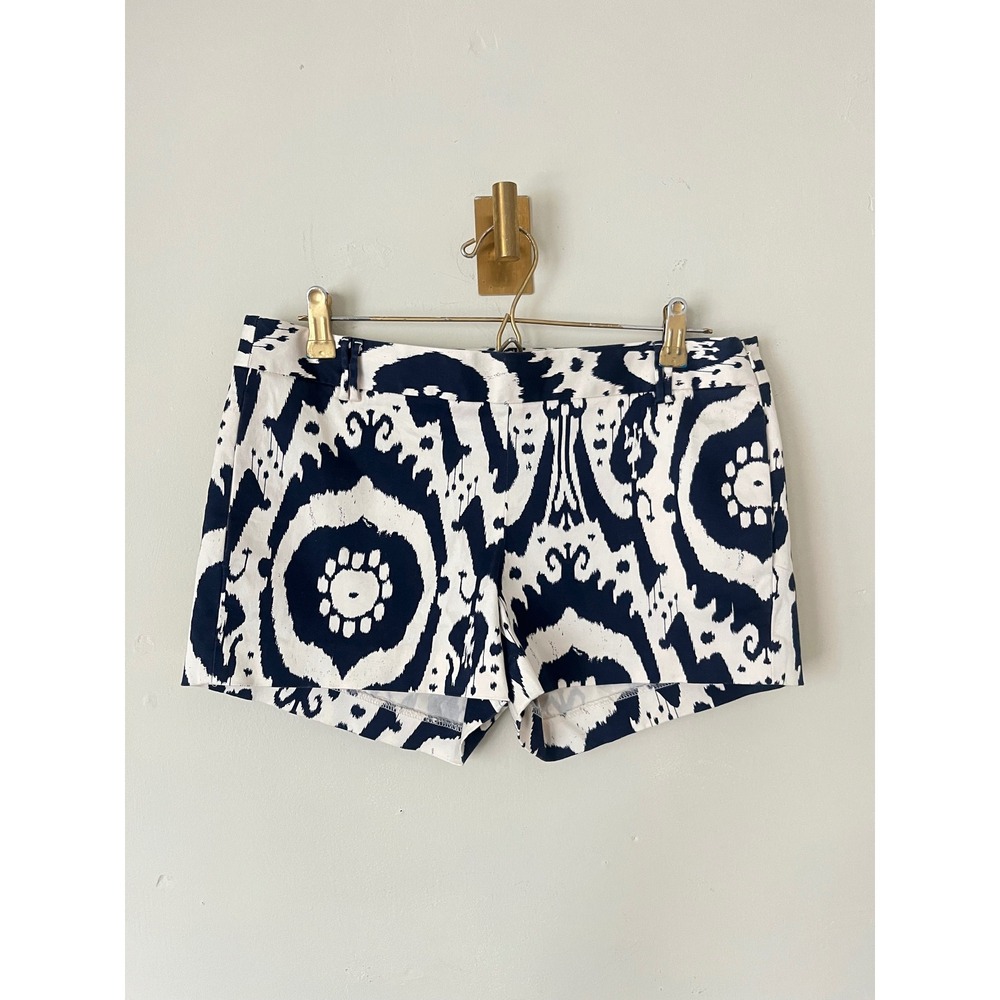 J.Crew Stretch Ikat Medallion Shorts Navy Blue White Size 6 Cotton Blend
